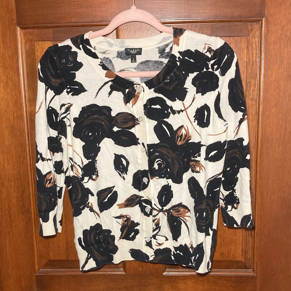 Talbots Black Brown Cream Floral Button Down Cardigan Shirt